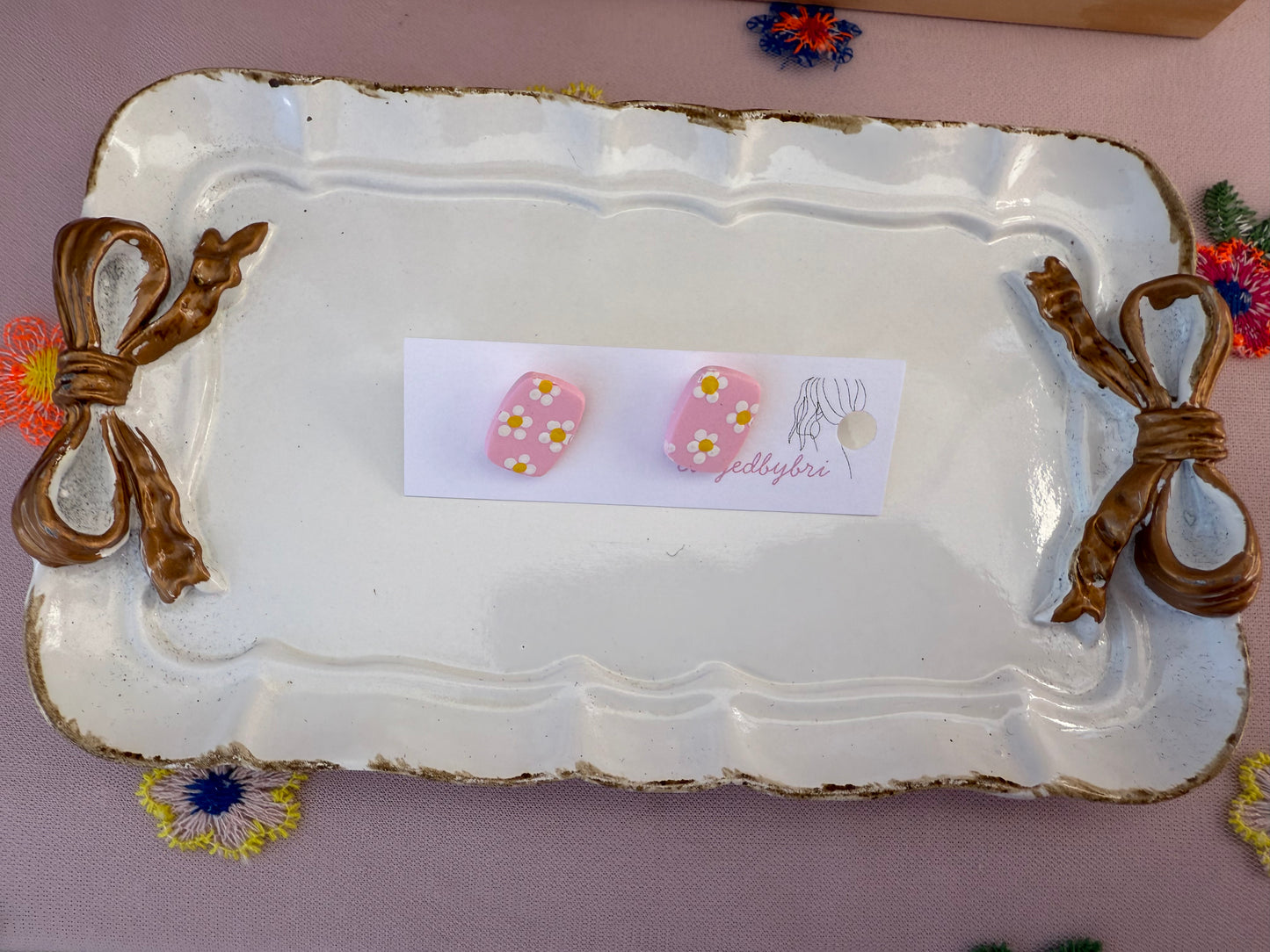 Pink Studs with Hand Painted Daisies