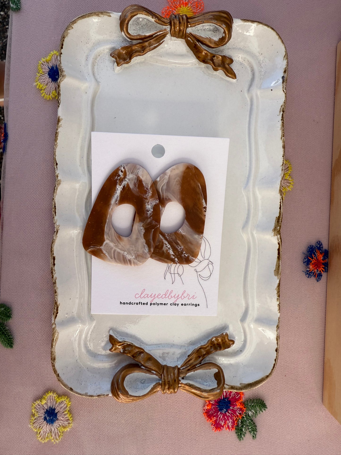 Brown / Beige Marbled Funky Oval Earrings