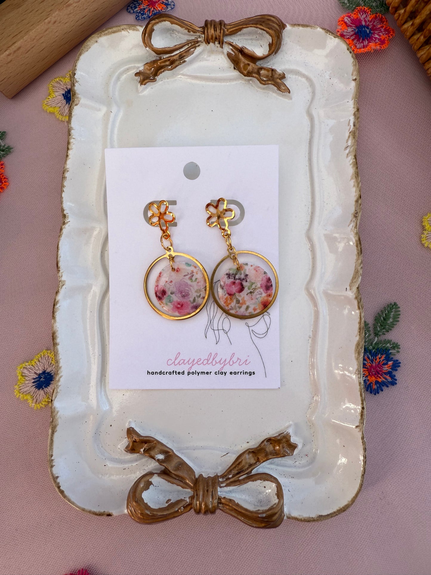 Gold Floral Patterned Round Dangles