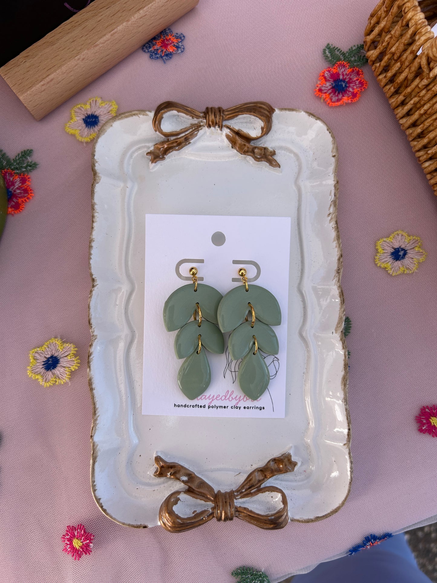 Sage Green + Gold Tiered Dangle Earrings