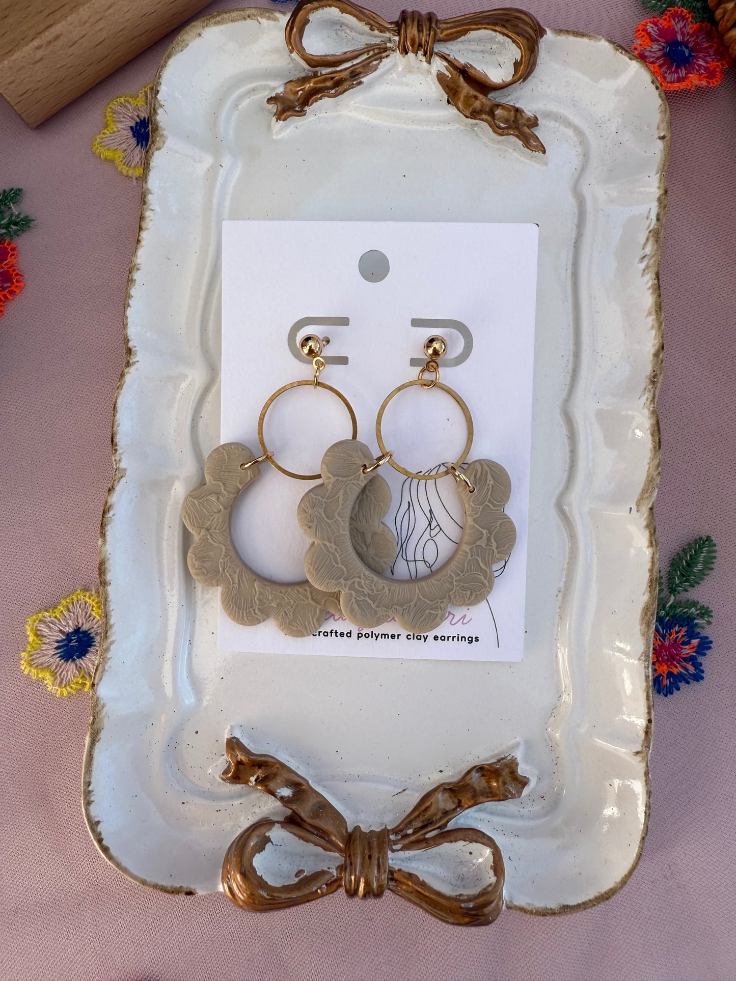 Tan Floral Scalloped Hoops