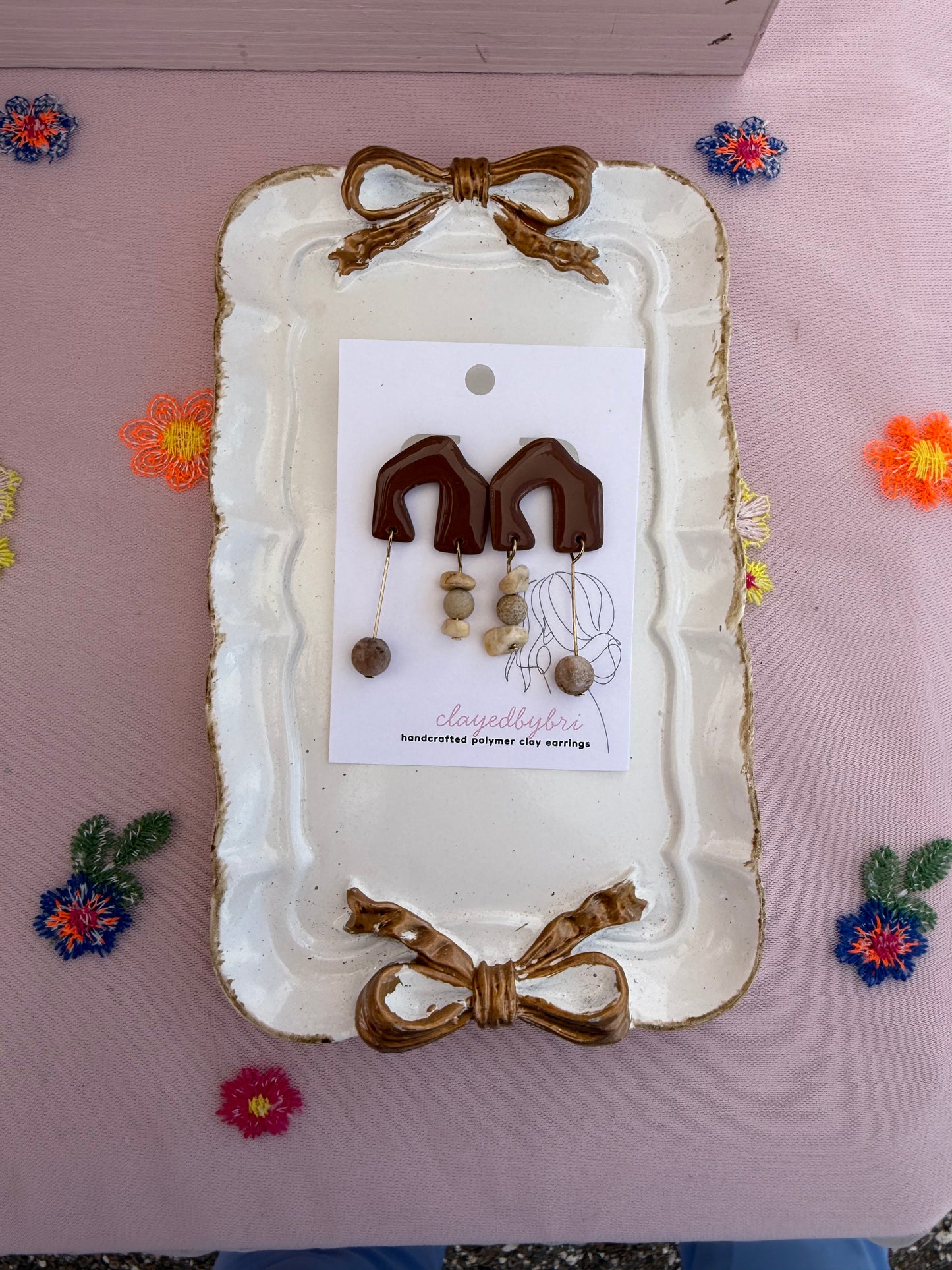 Brown Dangle Earrings with Beige Beads