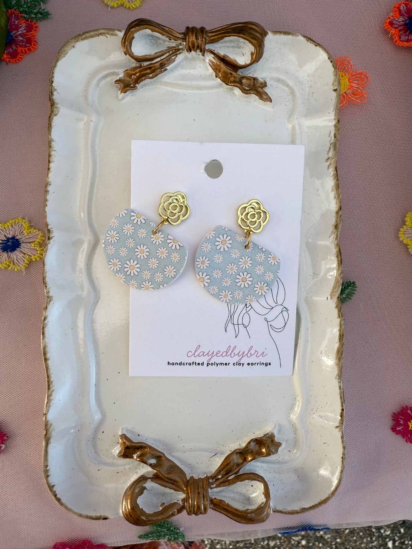 Light Blue and Gold Daisy Patterned Earrings