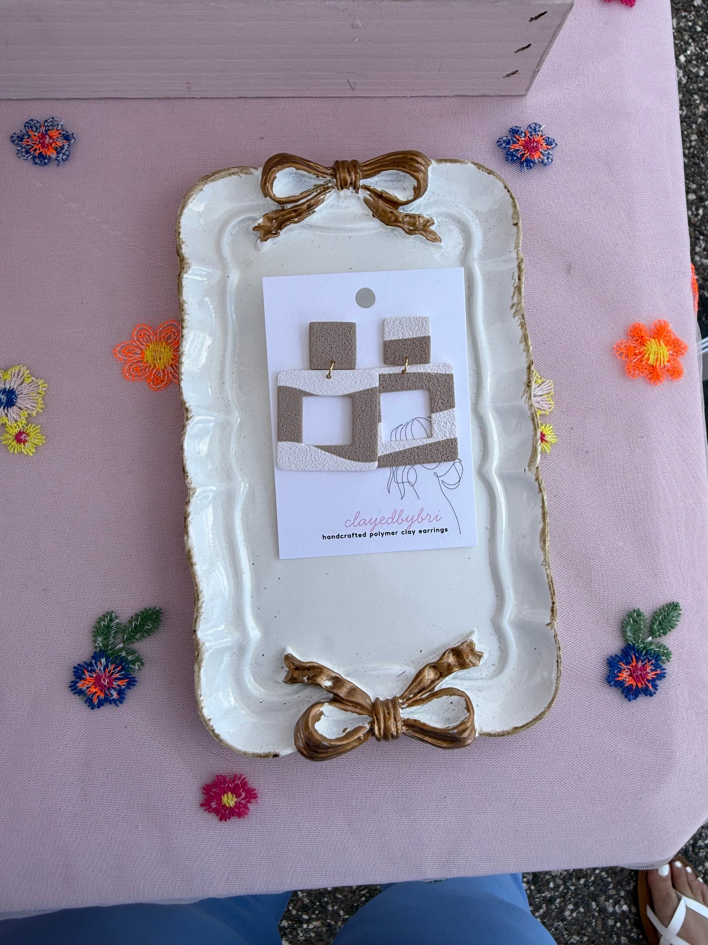 White & Light Brown Striped Square Dangles