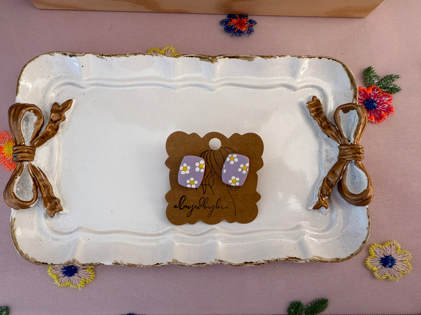 Purple Studs with Hand Painted Daisies