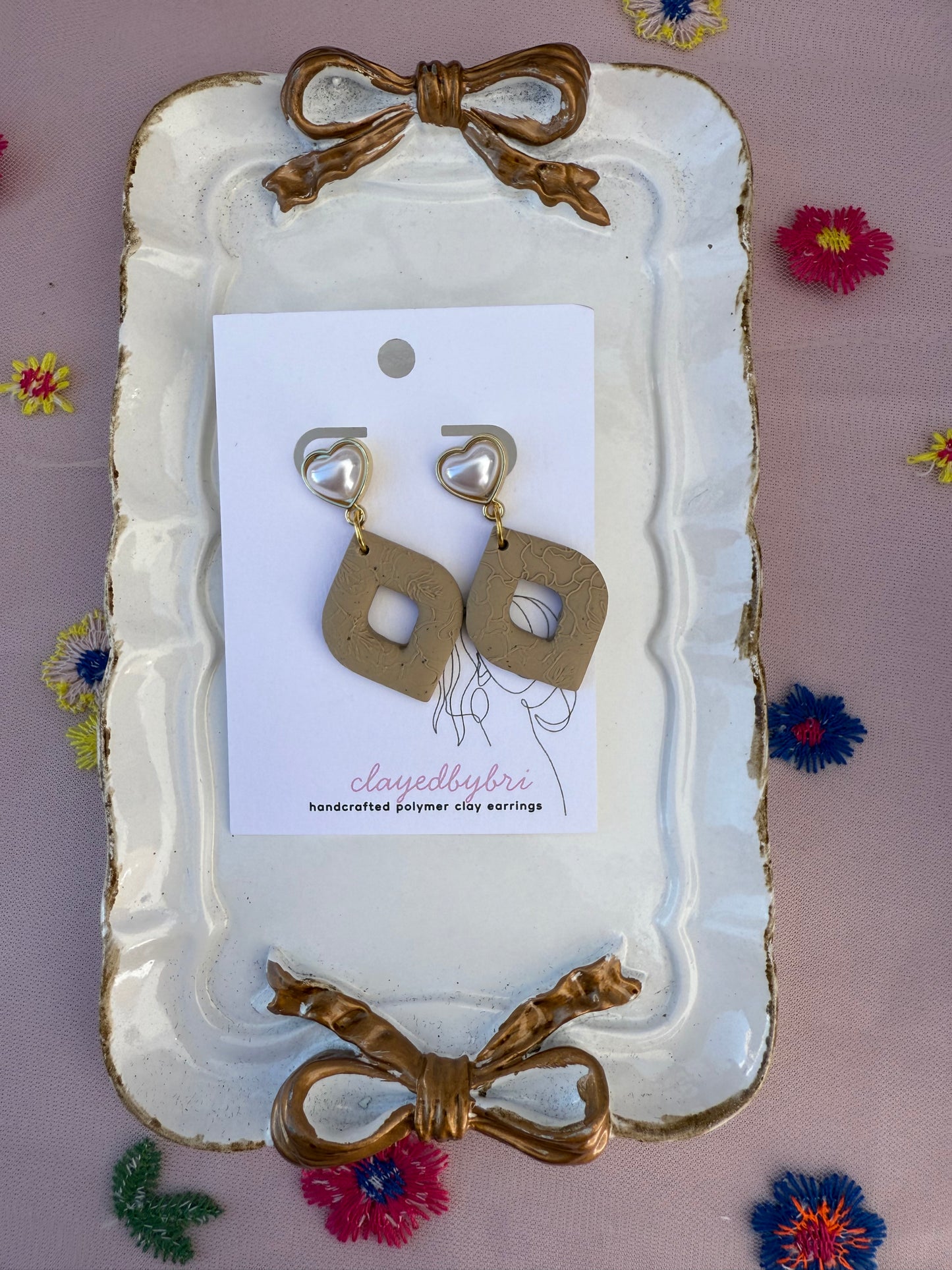 Pearl Heart with Tan Dangles