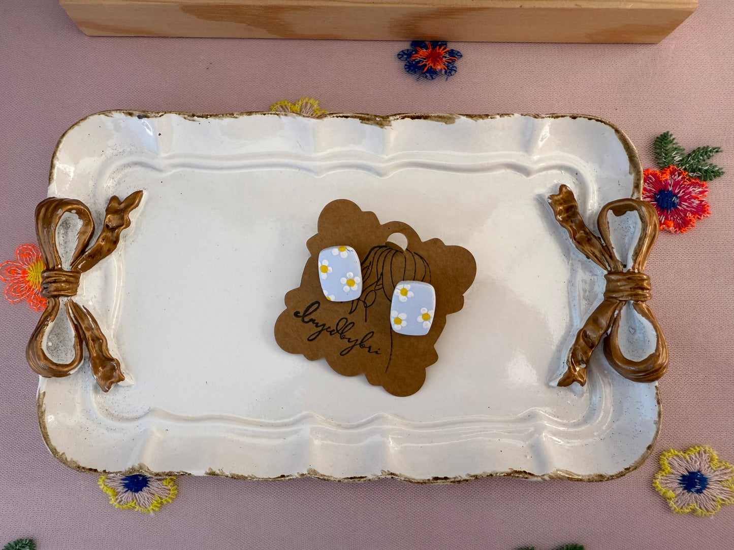 Blue Studs with Hand Painted Daisies