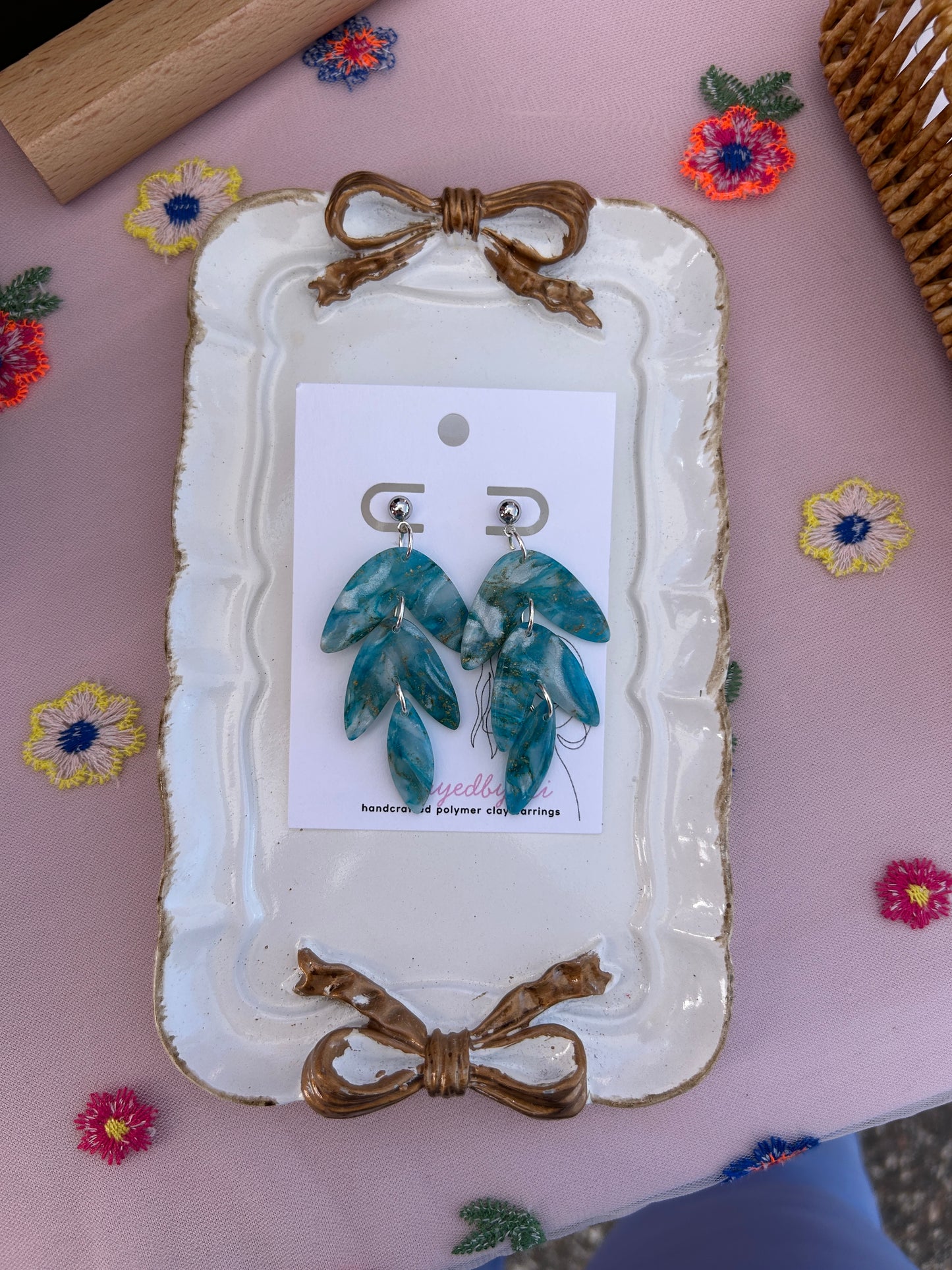 Blue, Silver, Gold, Tiered Marbled Dangle Earrings