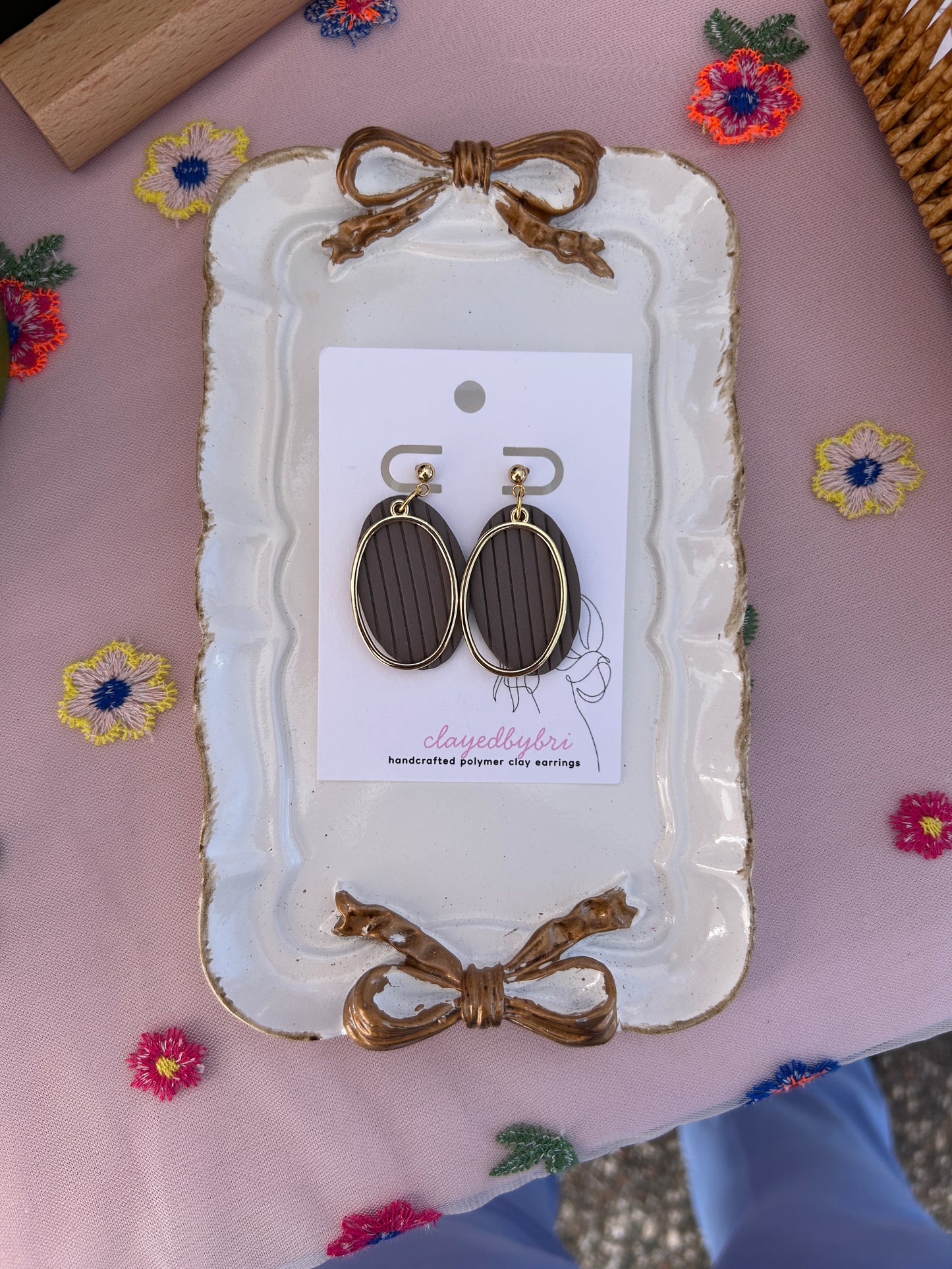 Brown and Gold Oval Shaped Dangle Earrings