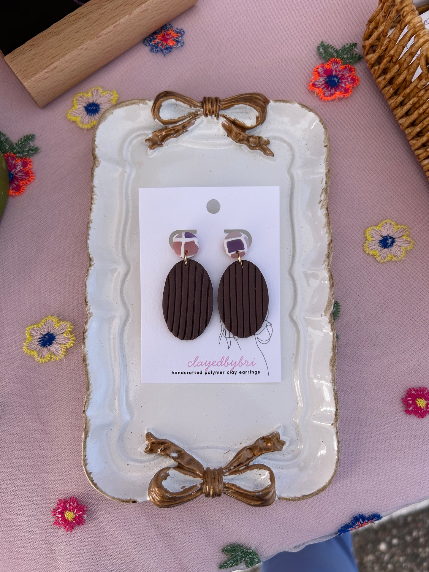 Striped Purple Oval Shaped Dangle Earrings