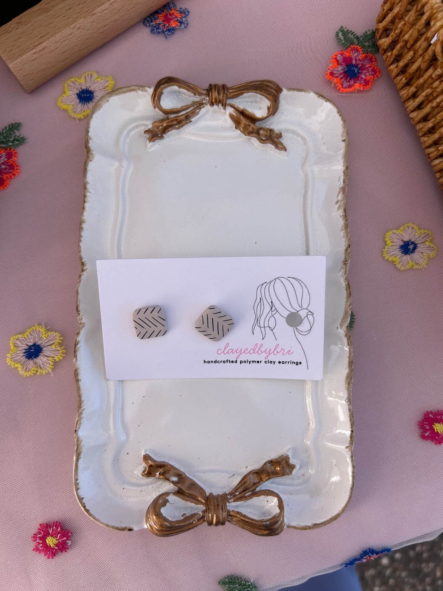 White with Black Lines Square Shaped Studs