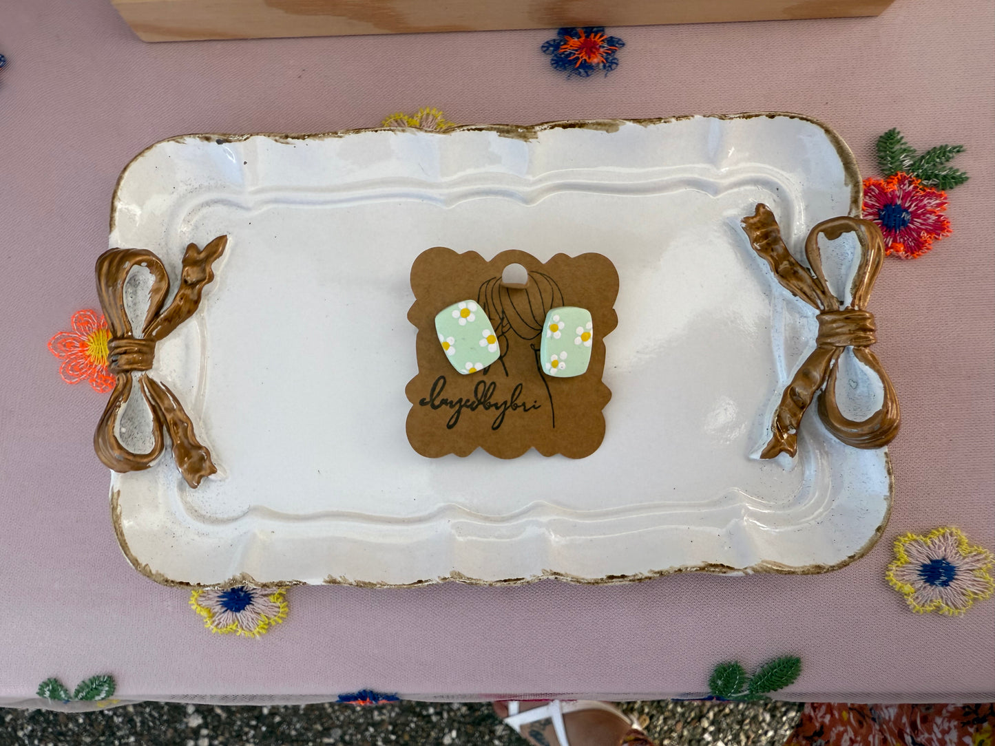 Green Studs with Hand Painted Daisies