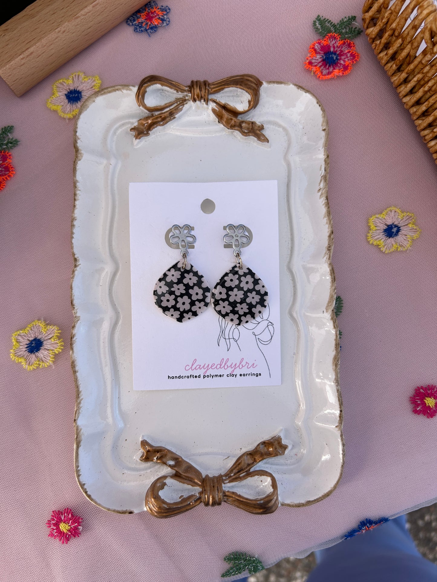 Black, White, and Silver Floral Dangles