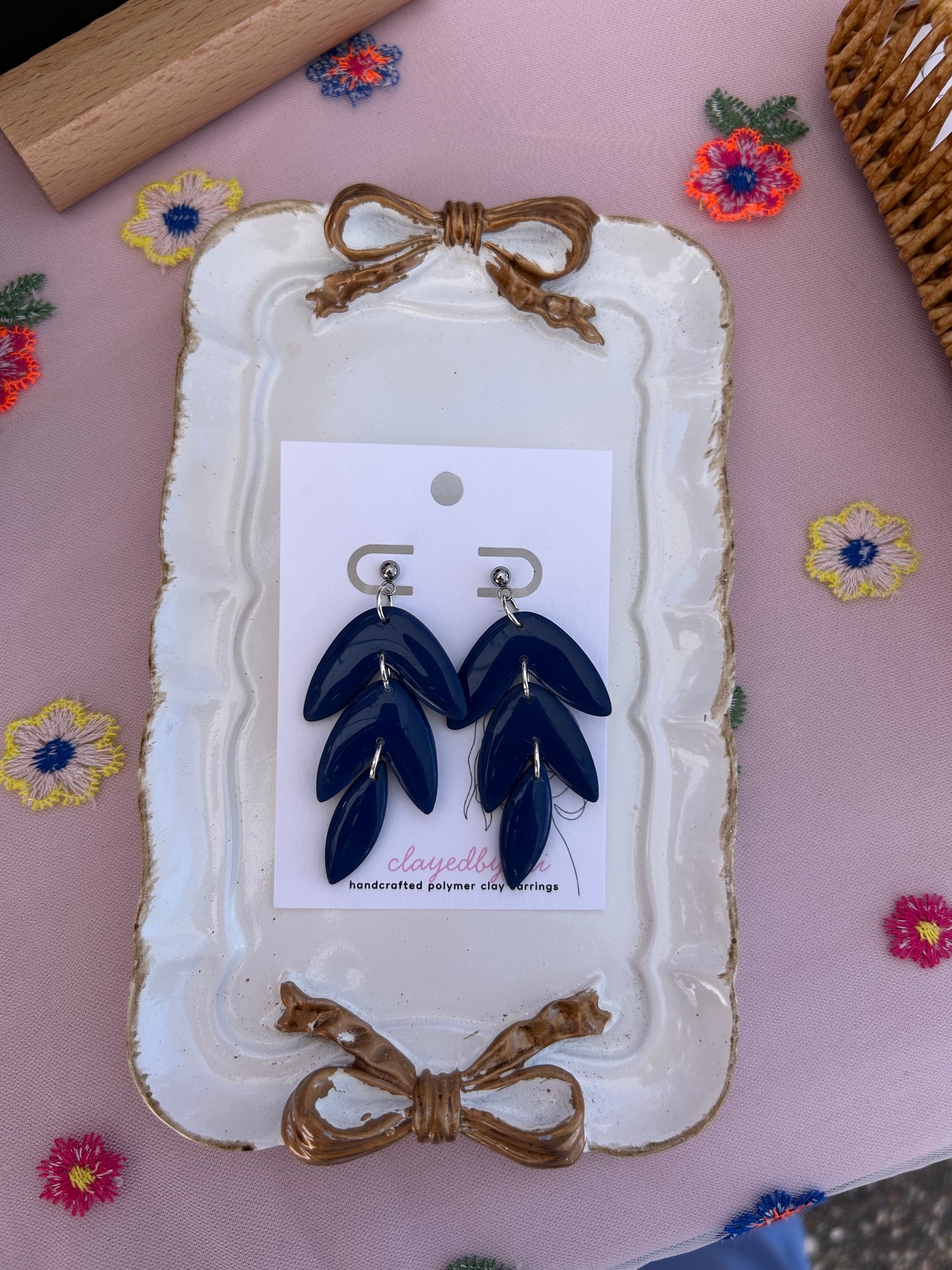 Dark Blue Three Tiered Dangle Earrings
