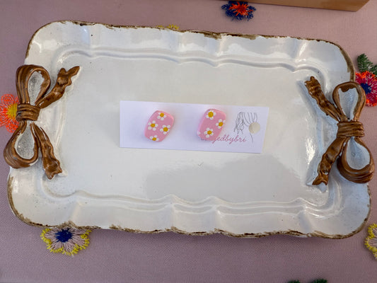 Pink Studs with Hand Painted Daisies