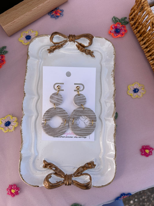 Neutral Tan and White Striped Pattern Dangle Earrings