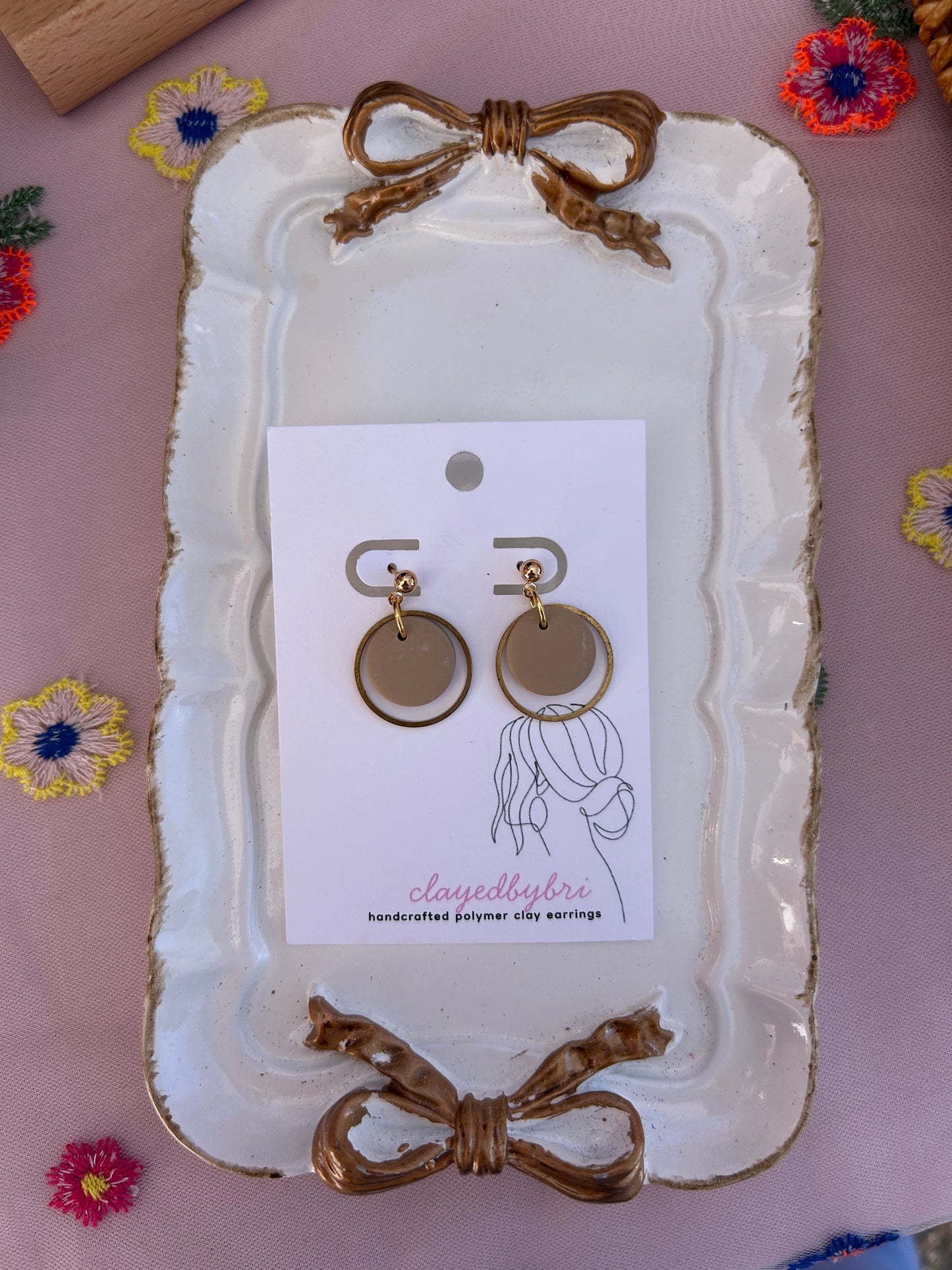 Tan and Gold Dangle Earrings