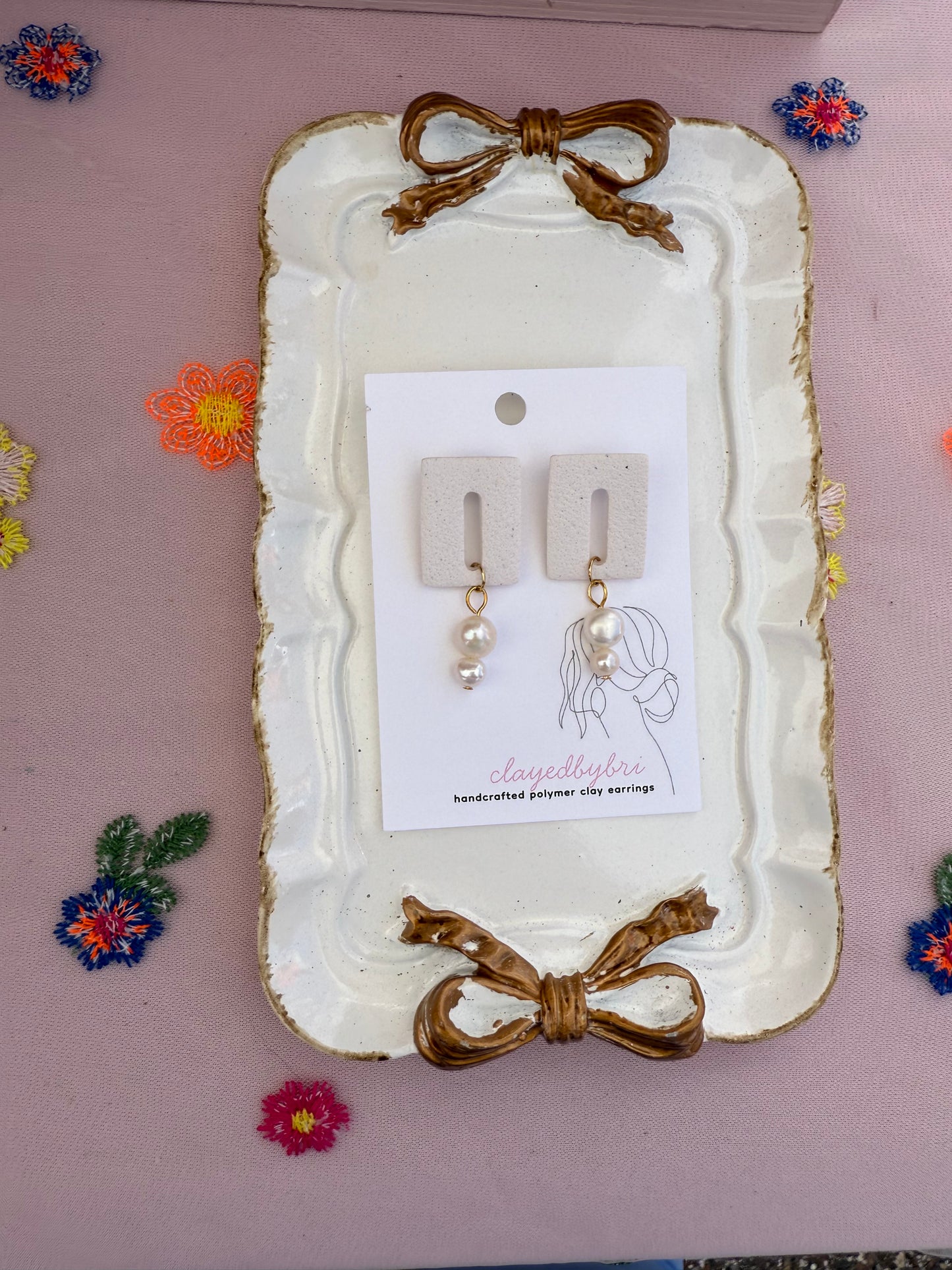 White Square Dangles with Pearl Beads