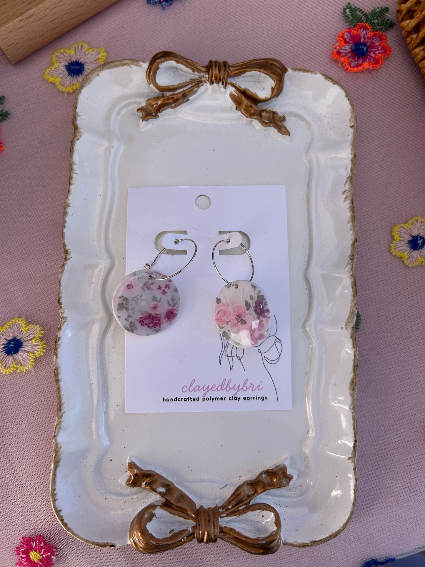 Floral Patterned Silver Hoops