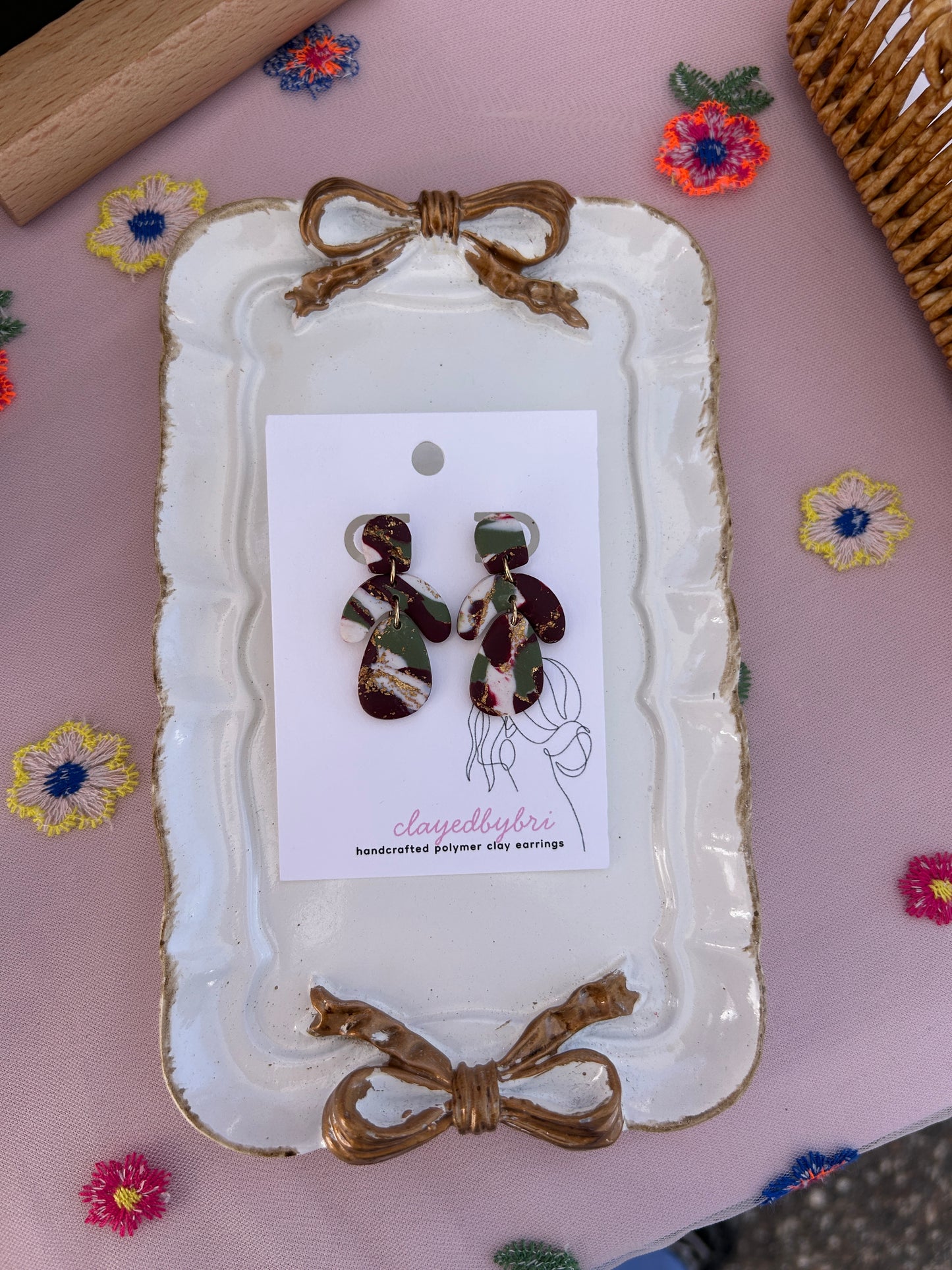 Purple, Green, White, and Gold Dangle Earrings