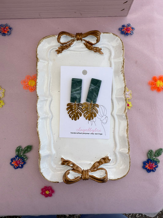 Green Marbled Earrings with Gold Monstera Leaf Charm
