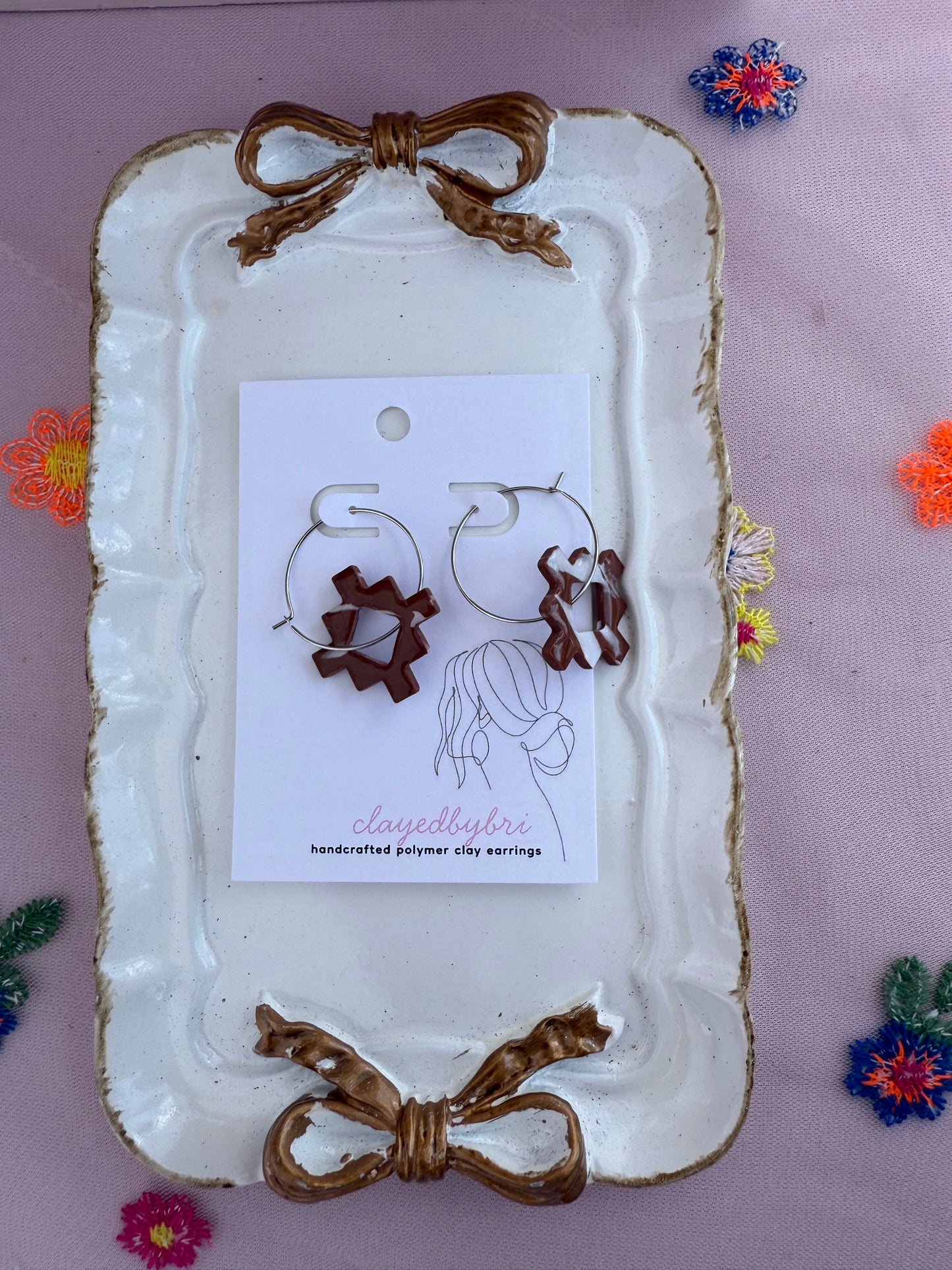 Brown and White Marbled Square Hoop Earrings