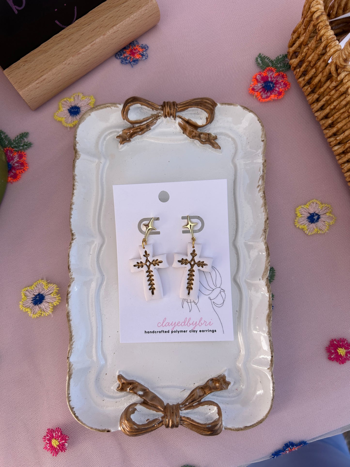 White & Gold Cross Dangle Earrings