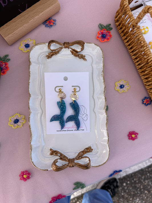 Mermaid Earrings, Gold Shell with Glittery Blue Mermaid Tail