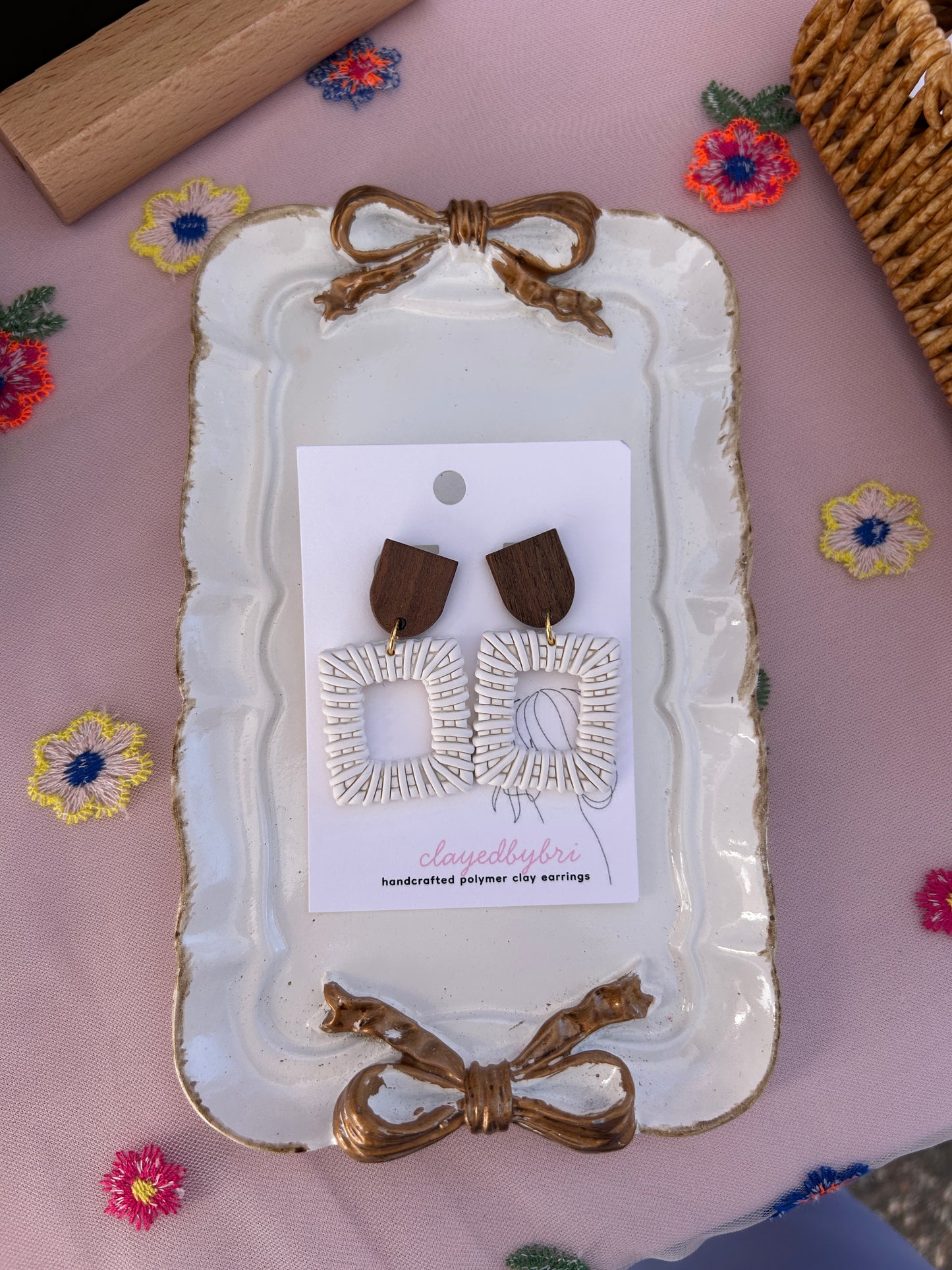 Wood & White Rattan Inspired Dangle Earrings