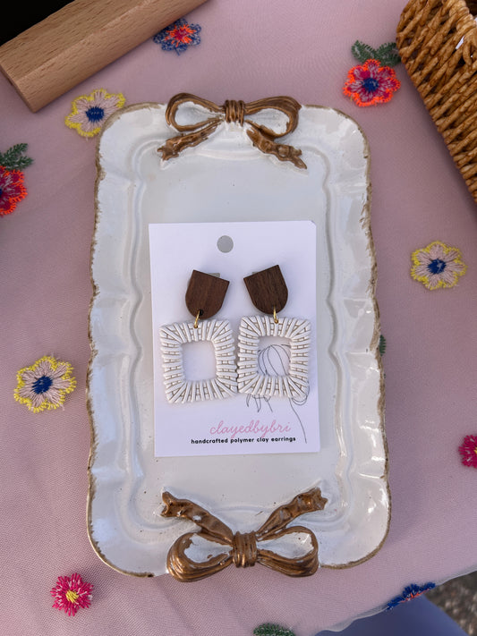 Wood & White Rattan Inspired Dangle Earrings