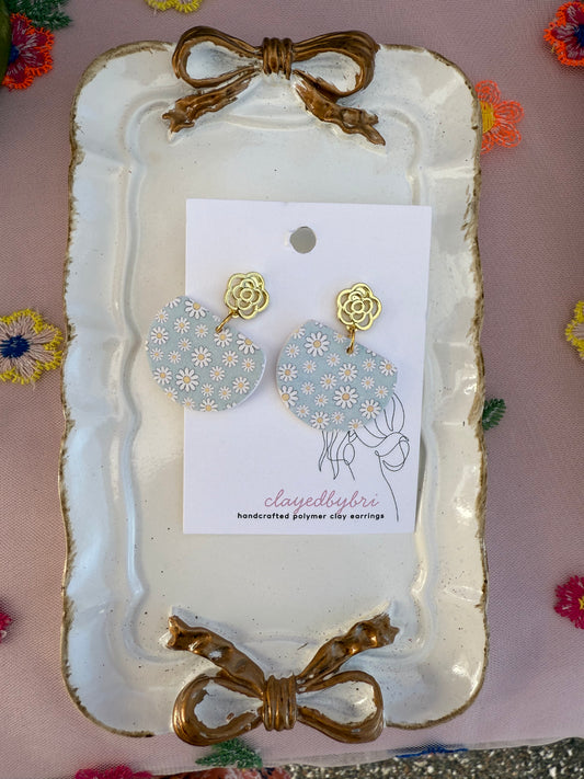 Light Blue and Gold Daisy Patterned Earrings