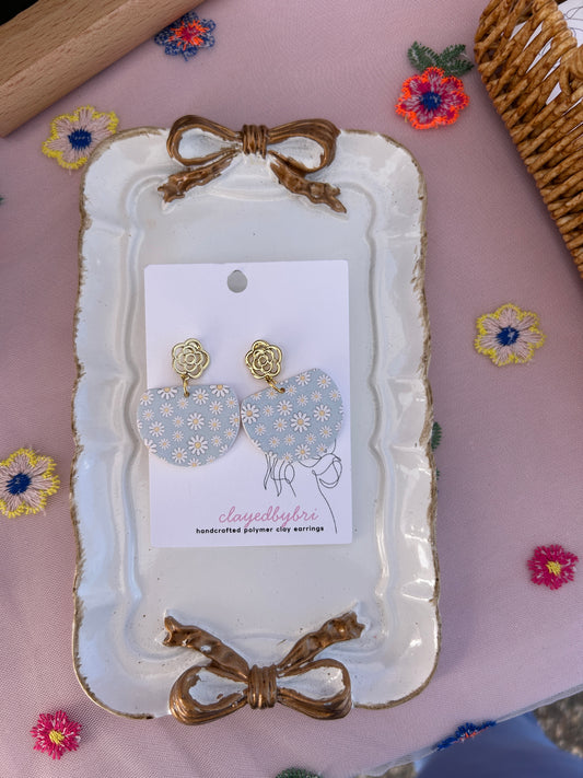 Light Blue & Gold Daisy Patterned Dangle Earrings