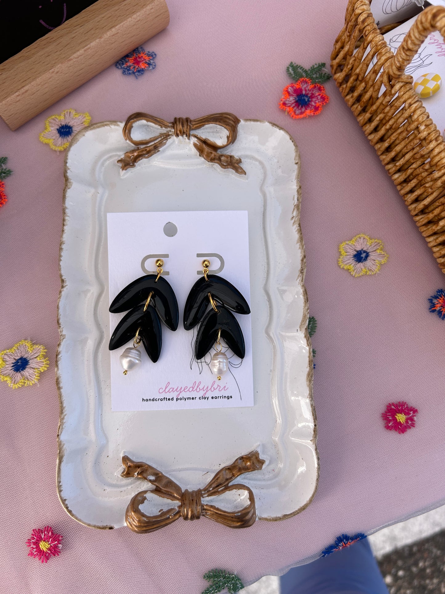 Black Tiered Dangle Earrings with Pearl Charm