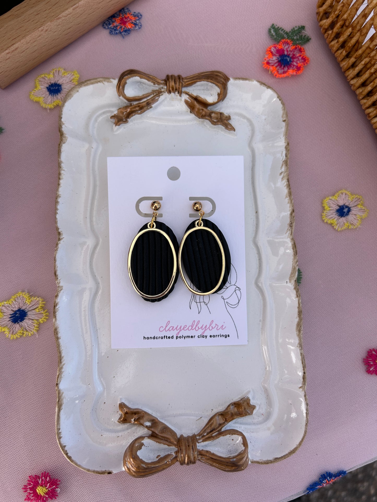 Black and Gold Oval Shaped Dangle Earrings