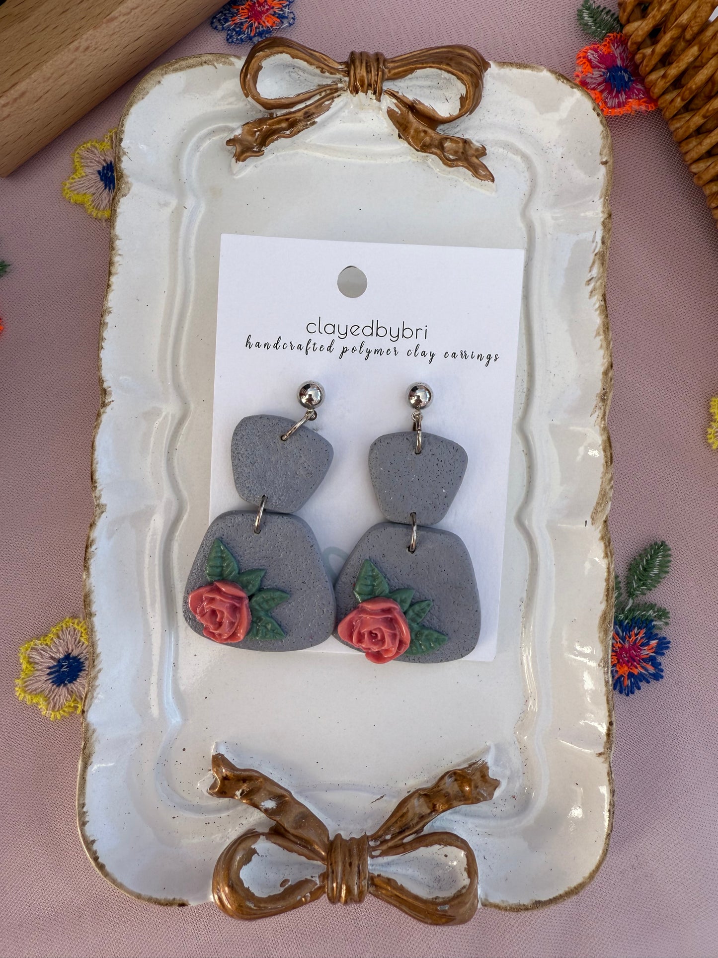 Gray Dangles with Pink Roses