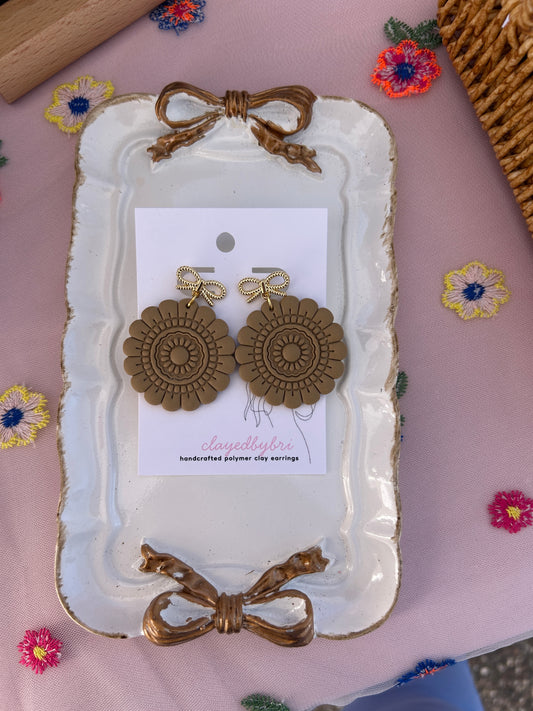 Brown Floral Mandala with Gold Bow Dangle Earrings