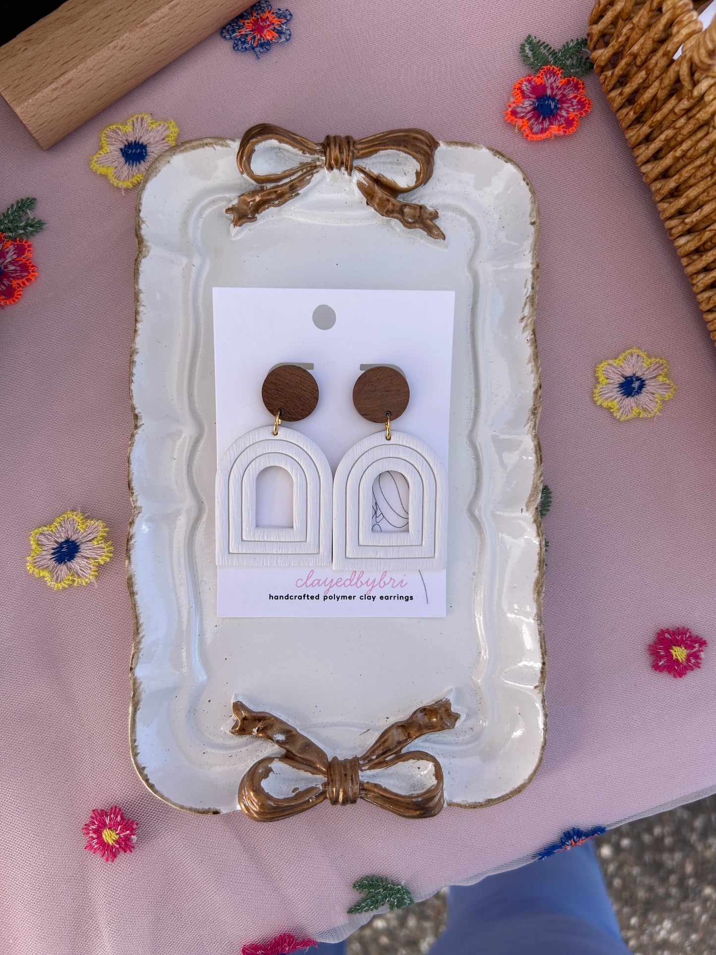 Wood + White Arch Dangle Earrings