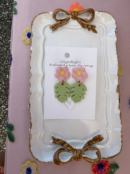 Pink Flower with Monstera Leaf