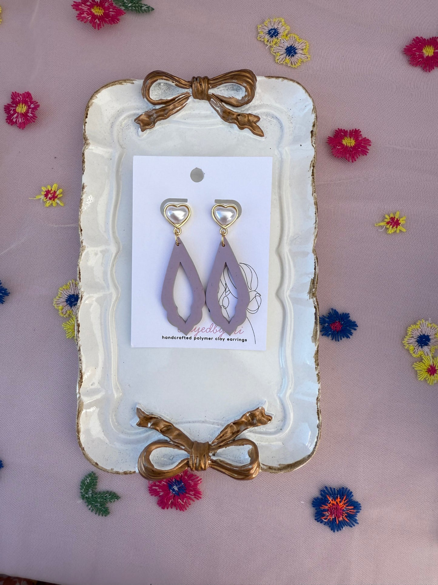 Pearl Heart with Light Purple Dangle Earrings