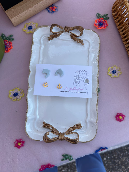 Stud Pack ! Light Blue Dolphins and Gold Anchors