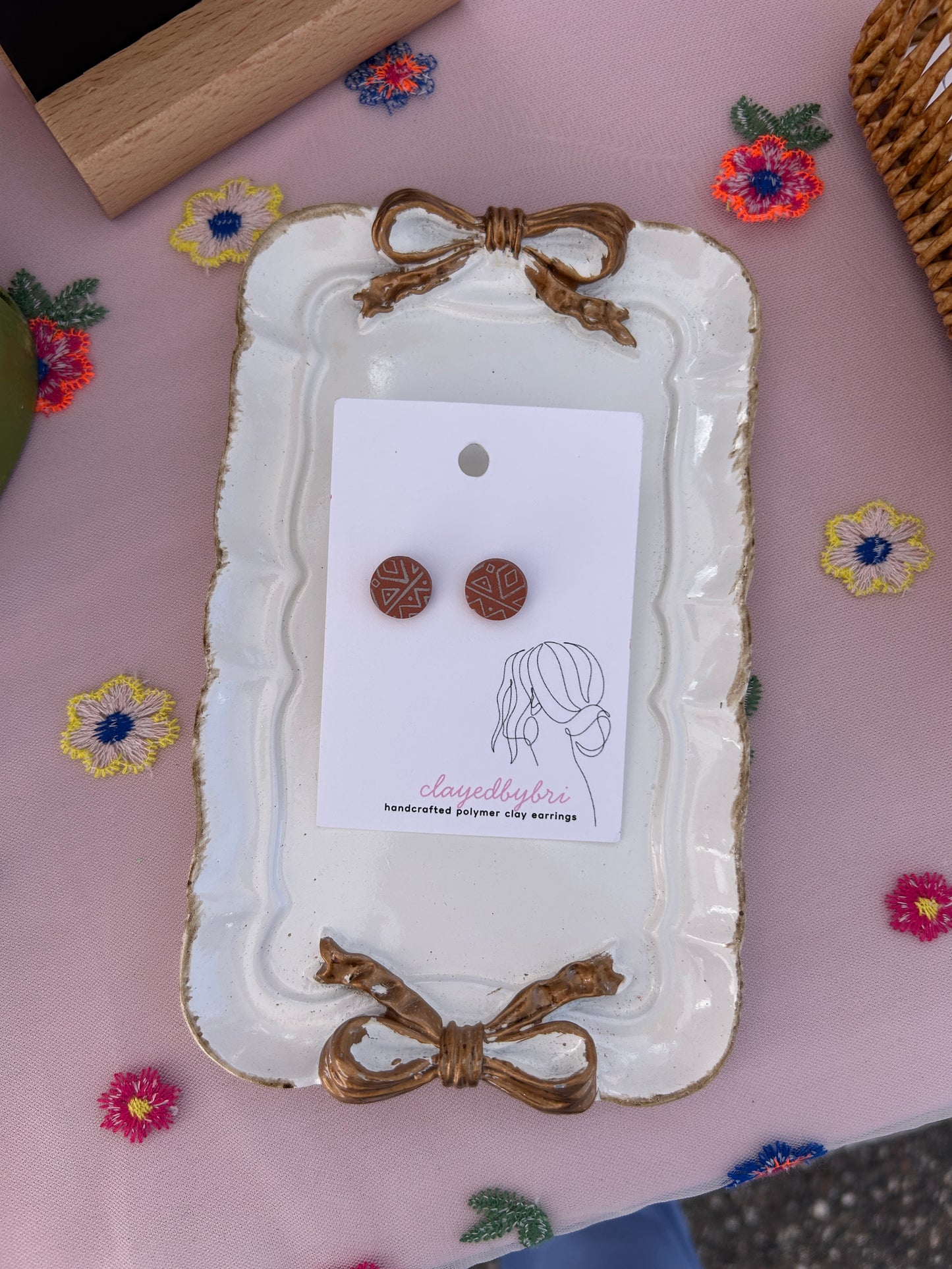 Reddish-Brown Aztec Patterned Round Stud Earrings