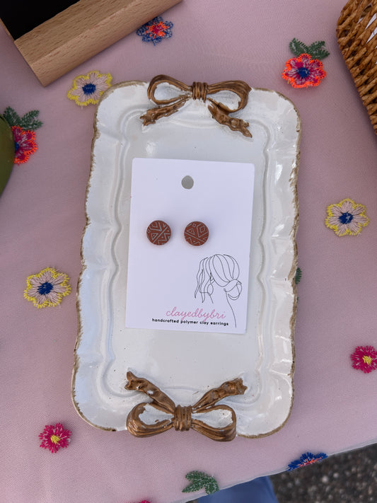 Reddish-Brown Aztec Patterned Round Stud Earrings