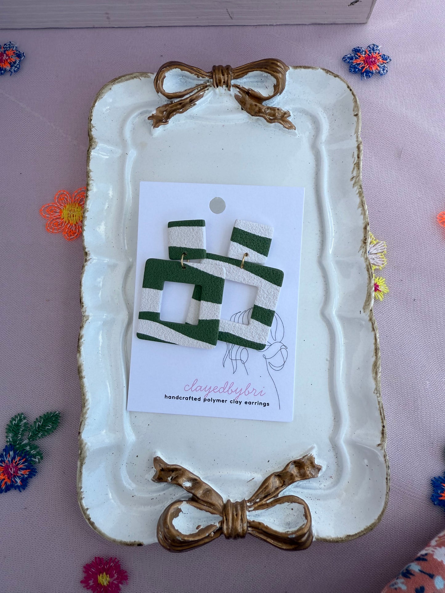 Green and White Striped Square Dangles