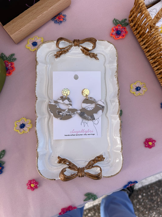 Neutral Tan, White, and Gold Fan Shaped Dangle Earrings