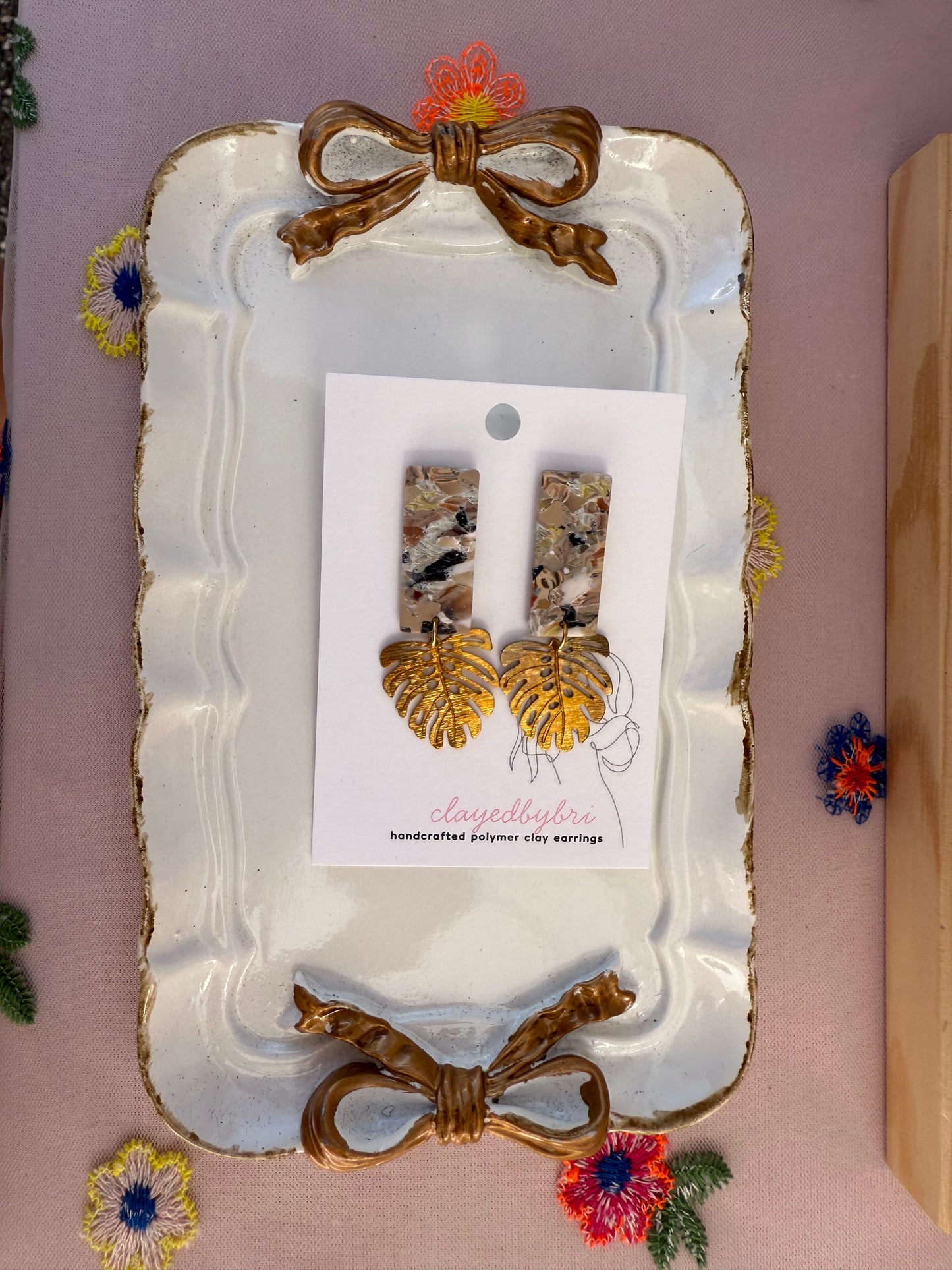 Multi Colored Pattern Monstera Leaf Earrings